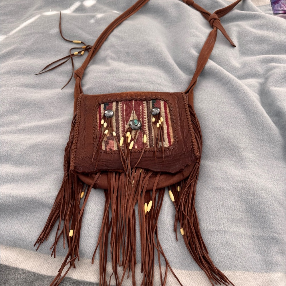 Buffalo Hide Brown Fringe Crossbody Bag Hand created, silver, turquoise, bone,